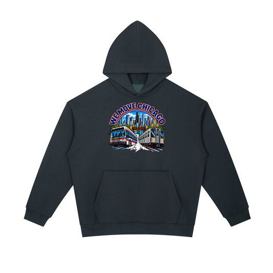 We Move Chicago Pullover Hoodie — navy heavyweight brushed fleece with the CHI transit badge printed on left chest and full back, featuring the Chicago skyline, L train, and bus.
