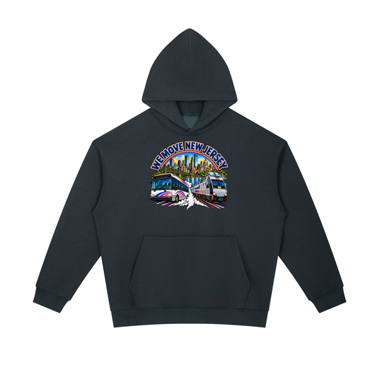 We Move New Jersey Pullover Hoodie — navy heavyweight brushed fleece with the NJ transit badge printed on left chest and full back, featuring the Newark skyline, bridge, bus, and commuter train.