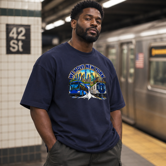 We Move New York tee lifestyle mockup — NYC subway platform
