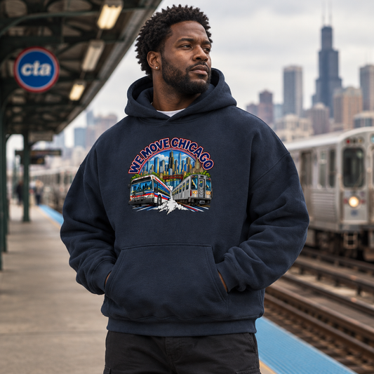 We Move Chicago pullover hoodie lifestyle mockup